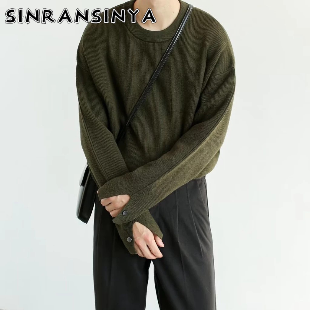 Sinransinya Áo sweater Dáng Rộng Màu Trơn Thời Trang Thu Đông Phong Cách Hàn Quốc Cho Nam Giới