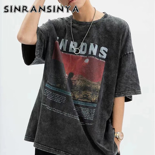 Sinransinya Áo Thun Nam Tay Ngắn Phong Cách hip hop Đường Phố Mỹ Nặng 320g