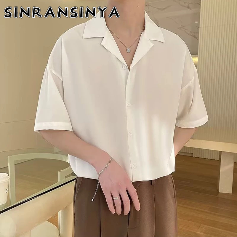 Sinransinya Áo Sơ Mi Lụa Lạnh Tay Ngắn Cổ Gập Đơn Giản Thời Trang Anh Quốc Nhật Bản Cho Nam