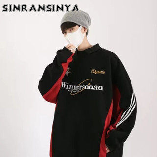 Sinransinya Áo sweater Tay Dài Kẻ Sọc Đen Đỏ Phong Cách Đường Phố Mỹ Cho Nam