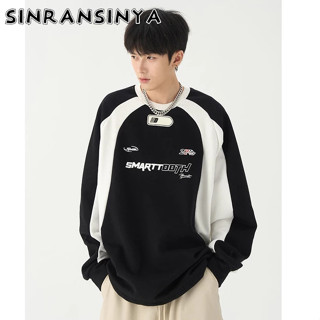 Sinransinya Áo sweater Tay Dài Cổ Tròn Dáng Rộng Phối Màu Tương Phản Thời Trang Cho Nam