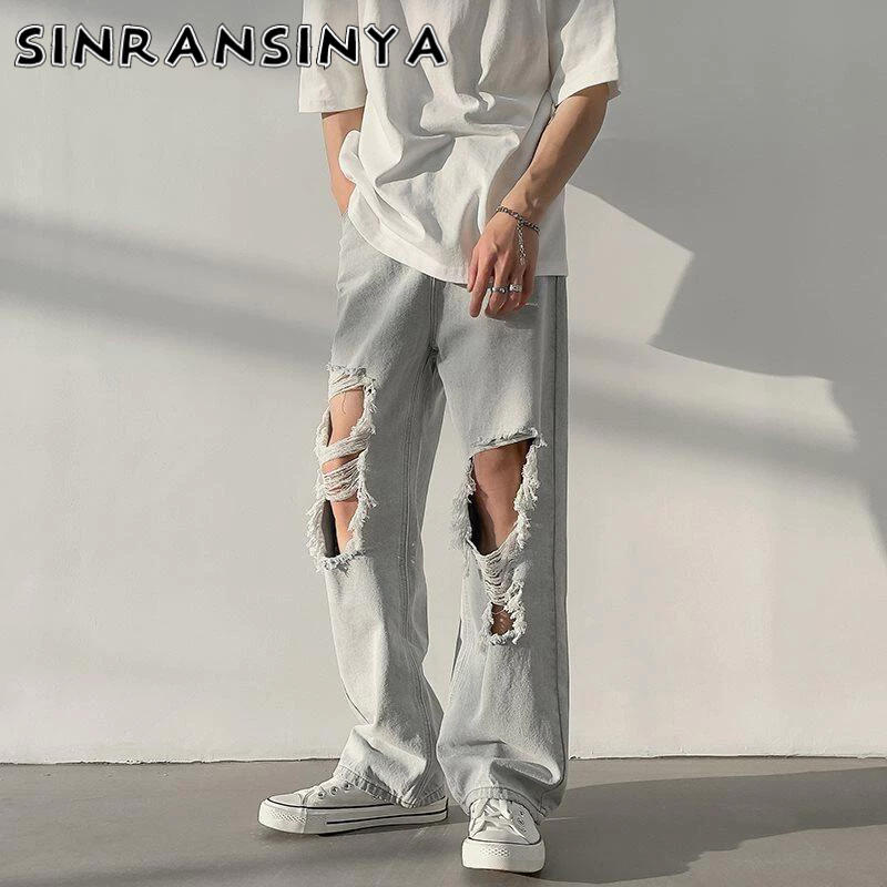 Sinransinya Quần jeans Dài Ống Rộng Rách Gối Thời Trang Cho Nam