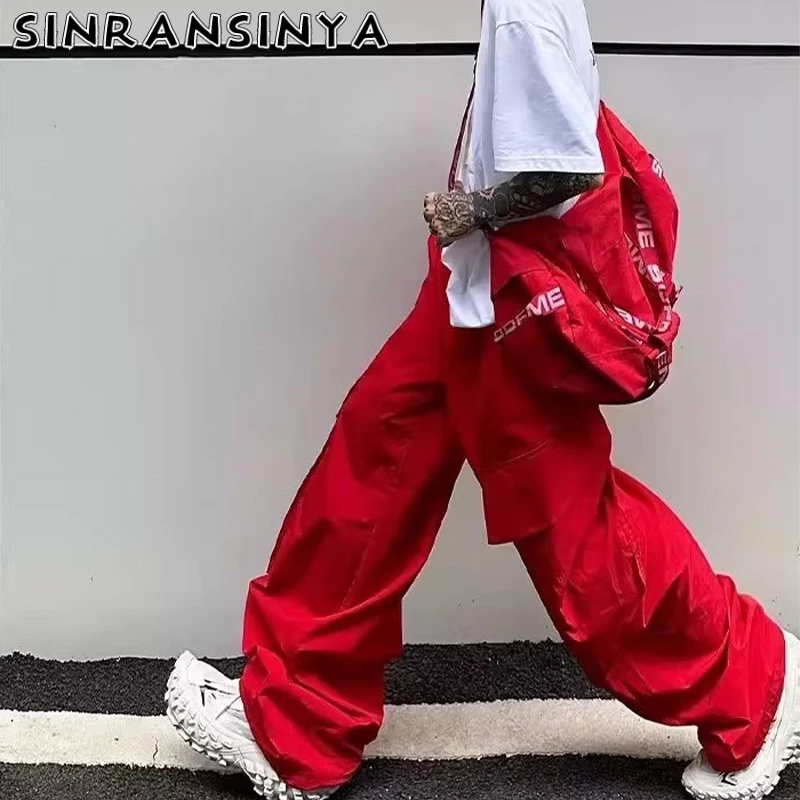Quần dài SINRANSINYA ống rộng màu đỏ nhanh khô phong cách đường phố Mỹ cổ điển cho nam