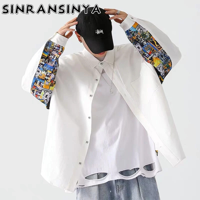 Sinransinya Áo Sơ Mi Tay Dài Dáng Rộng In Họa Tiết Màu Phong Cách hip hop Thời Trang Xuân Thu Cho Nam