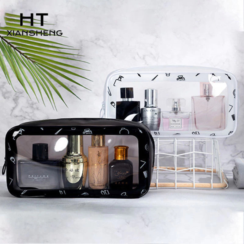 Túi đựng đồ trang điểm HTXIANSHENG trong suốt bằng pvc chống thấm nước có khóa kéo tiện dụng