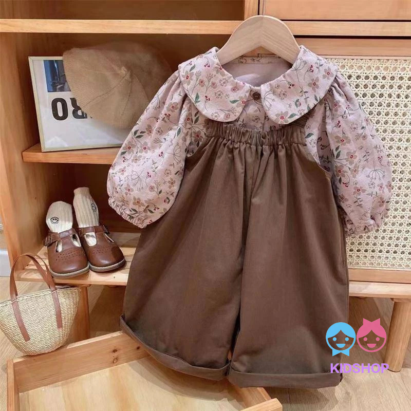 Bộ Áo Sơ Mi Tay Dài In Hoa + Quần Yếm Ống Rộng Thời Trang Mùa Thu Hàn Quốc Mới 2022 Cho Bé Gái