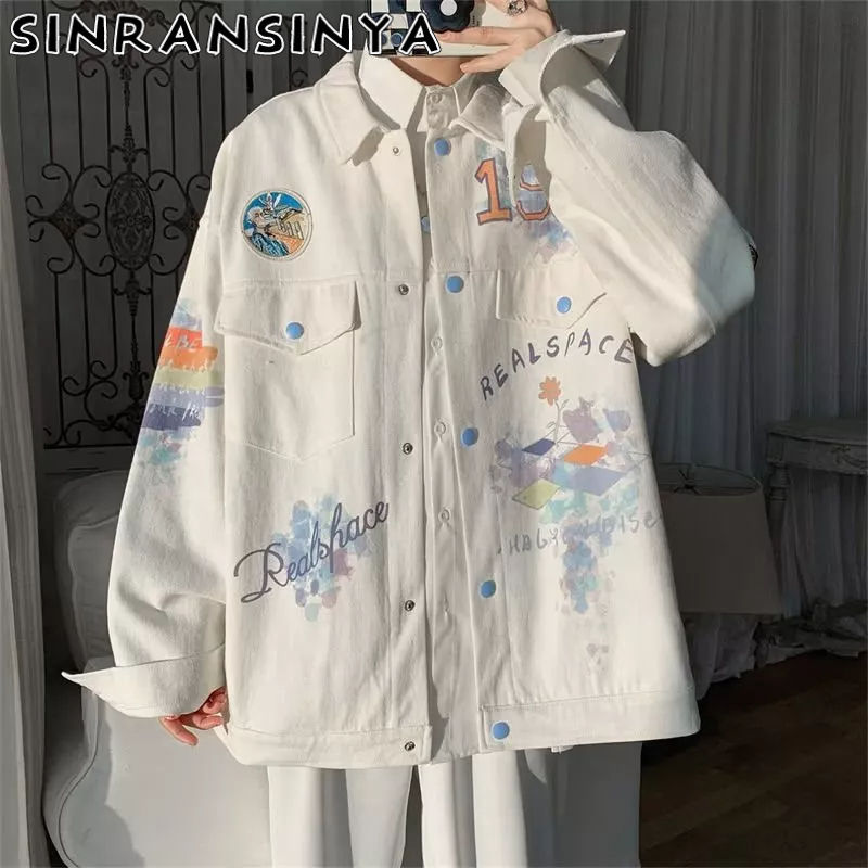 Sinransinya Áo Khoác denim Dài Tay In Họa Tiết graffiti Đường Phố Mỹ Cổ Điển Cao Cấp Thời Trang Cho Nam