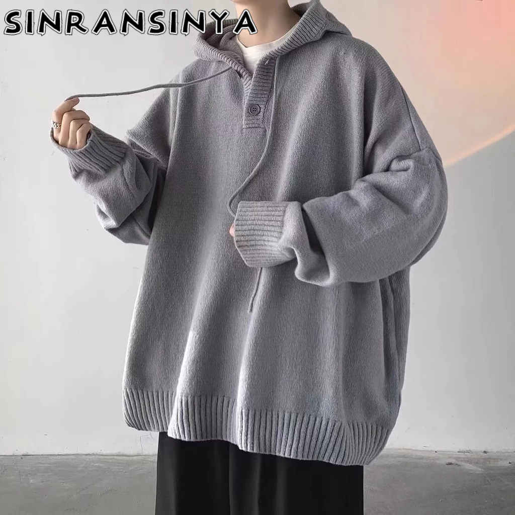 Sinransinya Áo sweater Dệt Kim Tay Dài Màu Trơn Phối Nút Trang Trí Thời Trang Mùa Thu 2022 Cho Nam