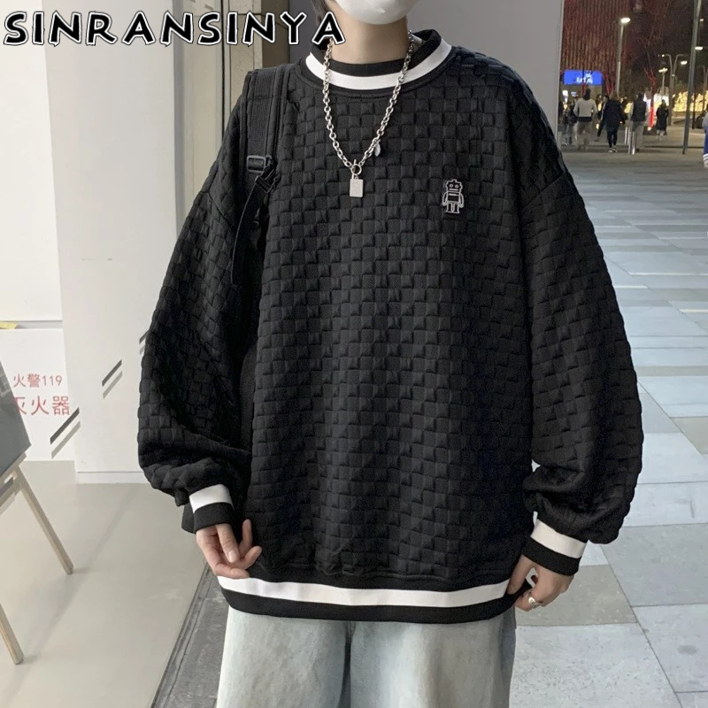 Sinransinya Áo sweater Cổ Tròn Dáng Rộng Màu Sắc Đơn Giản Phong Cách retro Cho Nam Giới