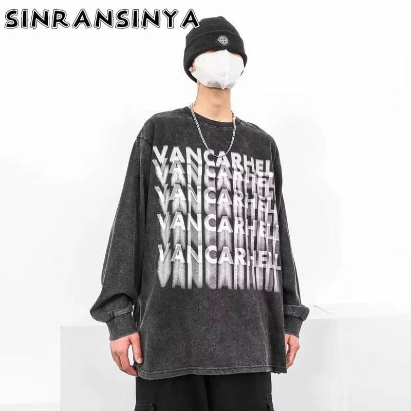 Áo sweater SINRANSINYA dáng rộng in chữ phong cách retro đường phố Mỹ cho nam