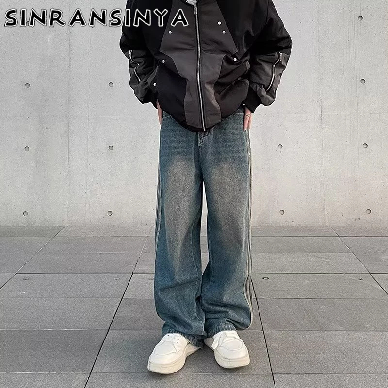 Sinransinya Quần Jean Phối Màu gradient Xanh Dương Phong Cách retro Mỹ Cá Tính Cho Nam