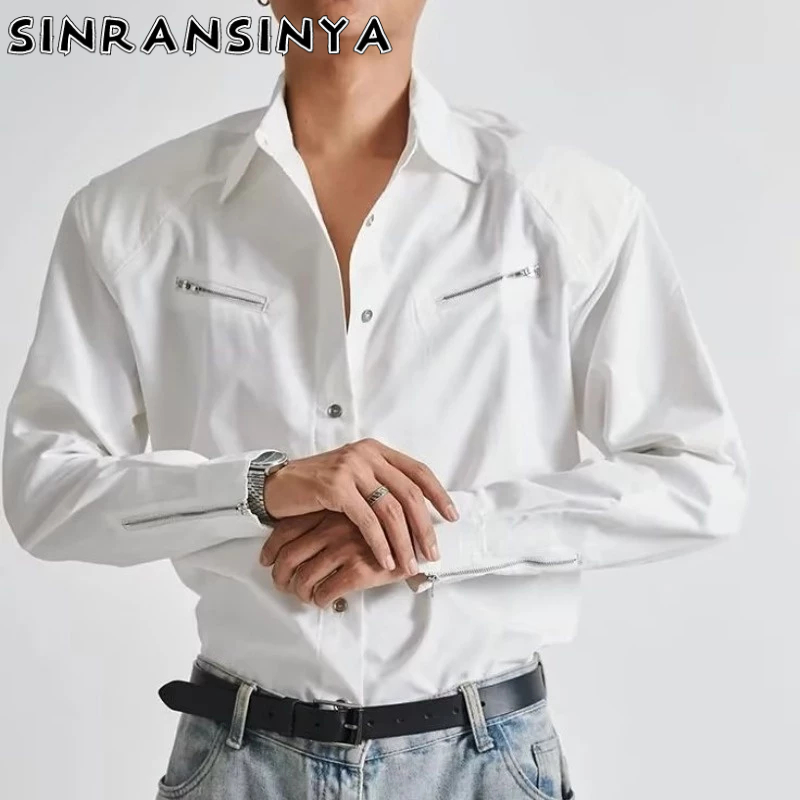 Sinransinya Áo Sơ Mi Nam Dài Tay Cổ Điển Đường Phố Mỹ Khóa Kéo Đôi Màu Trơn Thời Trang Cao Cấp