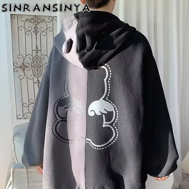 Sinransinya Áo Khoác Nam Tay Dài Có Nón In Hình Gấu Màu Trơn Phong Cách retro Đường Phố Mỹ