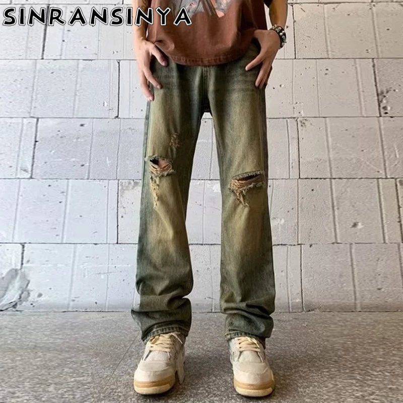 Quần jean dài SINRANSINYA màu gradient phong cách đường phố Mỹ cổ điển cho nam và nữ