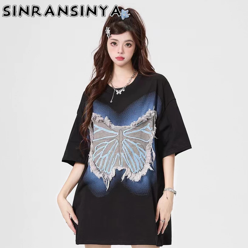 Áo thun SINRANSINYA tay ngắn cổ tròn 3 / 4 in hình bướm thời trang dành cho nam