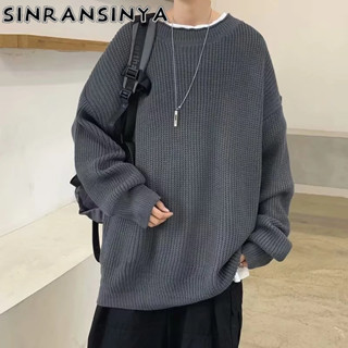 Áo sweater SINRANSINYA dệt kim dáng rộng cổ tròn họa tiết kẻ sọc màu trơn thời trang đường phố Mỹ cao cấp cho nam