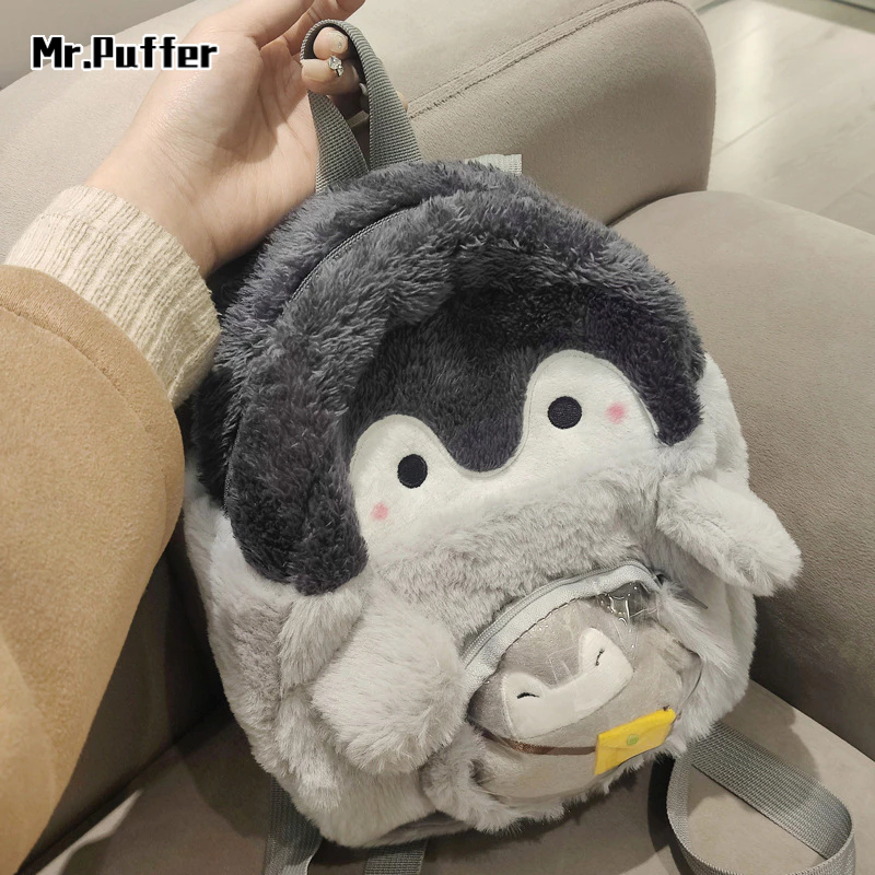 Mr.puffer Ba Lô Đi Học mini Hình Chim Cánh Cụt Hoạt Hình Bằng Lông Nhung Dễ Thương Xinh Xắn Cho Bé Gái