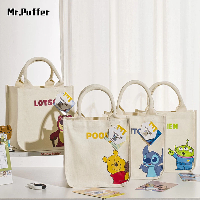 Túi tote Vải canvas Vuông Đa Năng In Hình Gấu / Dâu Tây / stitch Ba Mắt winnie the pooh Dễ Thương