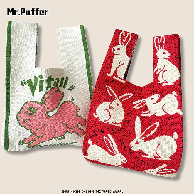 Mr.puffer Túi Xách Đeo Vai Đan Len Thủ Công Sức Chứa Lớn Hình Thỏ Mặt Trăng Hàn Quốc dongdaemun Hoa Hoạt Hình