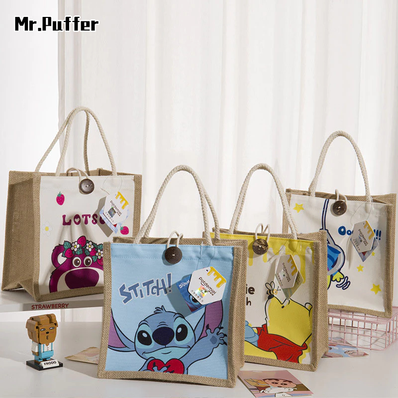 Mr.puffer Túi tote Nhỏ Ba Mắt Bằng cotton Lanh Hình Gấu Dâu Tây winnie the pooh Ba Mắt Dễ Thương