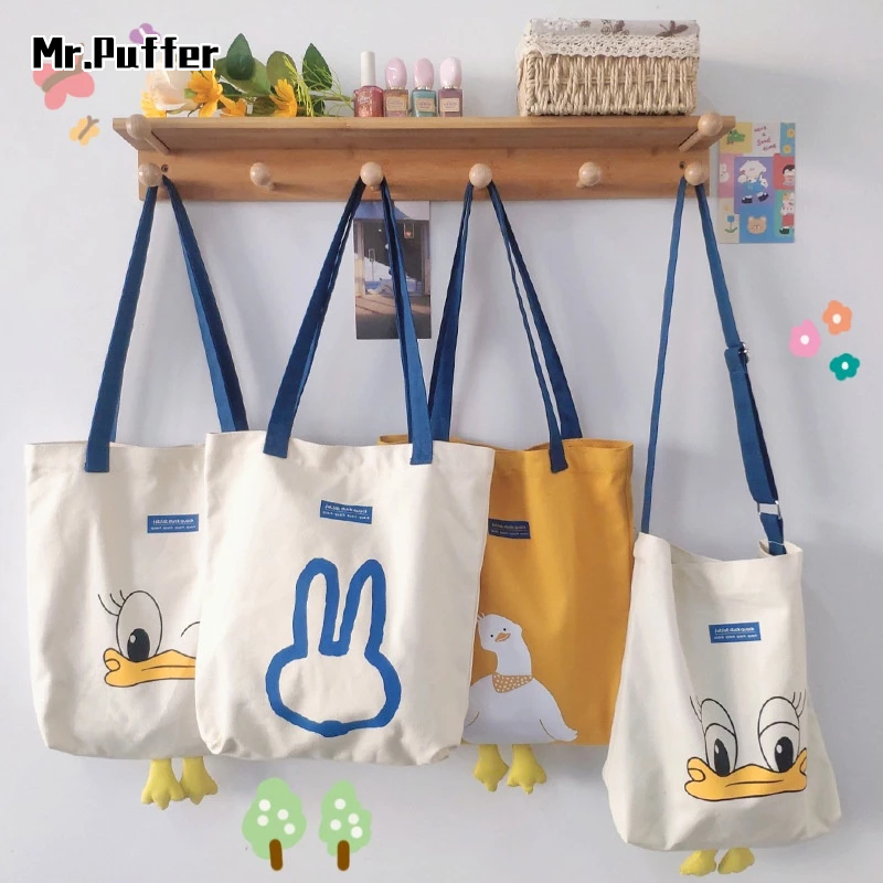 Mr.puffer Mới Túi Xách tote canvas Đeo Vai Hình Chú Vịt Dễ Thương Dành Cho Học Sinh mommy going out