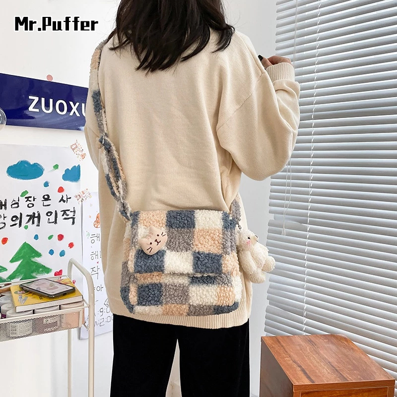 Mr.puffer Túi Đeo Vai Đơn Bằng Len Cừu Mềm Mại Phối Màu Tương Phản Phong Cách vintage Nhật Bản Dễ Thương Dành Cho Học Sinh Nữ