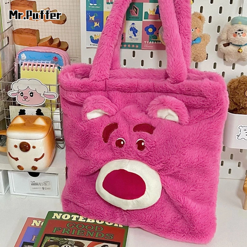 Mr.puffer Túi Đeo Vai Bằng Vải Bông Họa Tiết Gấu Dâu Tây Hoạt Hình Phong Cách Hồng Kông Nhật Bản Dành Cho Nữ Sinh