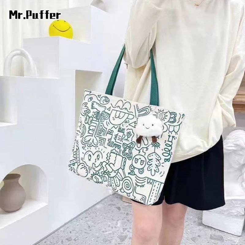 Mr .Puffer Túi Đeo Vai Bằng Vải canvas Sức Chứa Lớn In Hình Chuột minnie Thời Trang Dành Cho Nữ