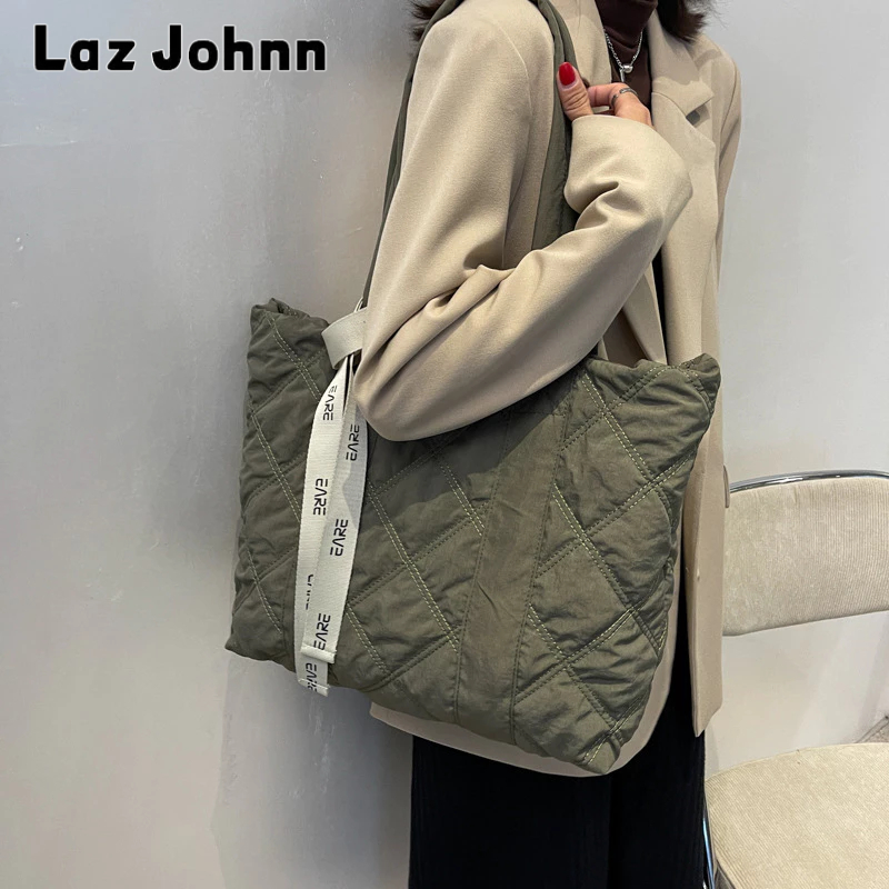 Laz Johnn Túi tote Đeo Vai cotton Sức Chứa Lớn Màu Trơn Họa Tiết Hình Thoi Đơn Giản Hợp Thời Trang