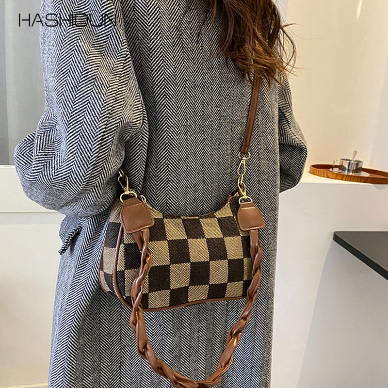 HASHIDUN Túi Kẹp Nách Họa Tiết Sọc Caro Phong Cách VintageÁo Thun Nữ Kiểu Dáng Trẻ Trung Năng ĐộngÁo Thun Thiết Kế Mới Năng Động Thời TrangTúi Đeo Chéo Một Bên Vai Đa Năng