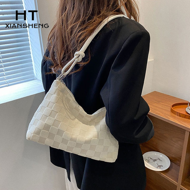 HT XIANSHENG Túi Xách Canvas Cỡ Lớn Thêu Họa Tiết Caro Đơn Giản Thời Trang Phong Cách Nhật Hàn Cho Nữ