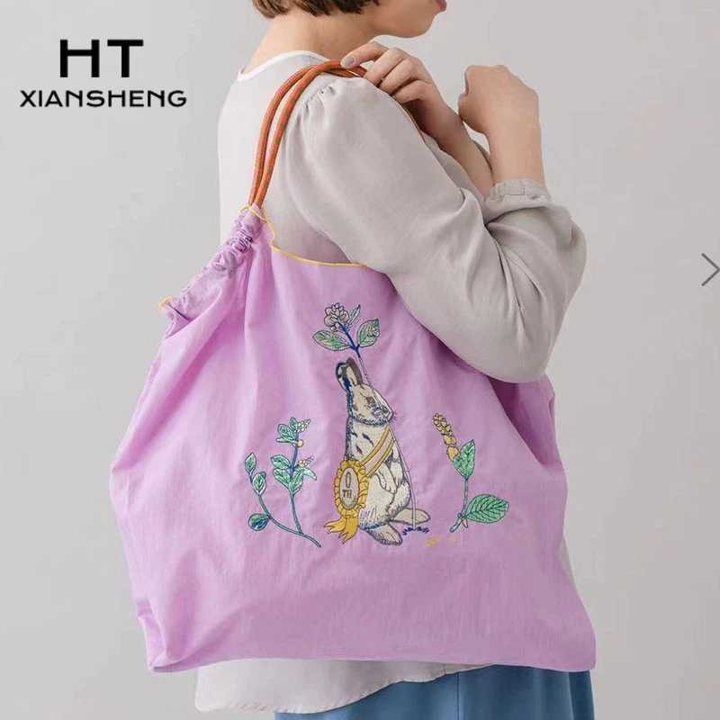 HT XIANSHENG Túi đeo vai nữ túi vải tote thêu nhật bản thông thường dung tích lớn