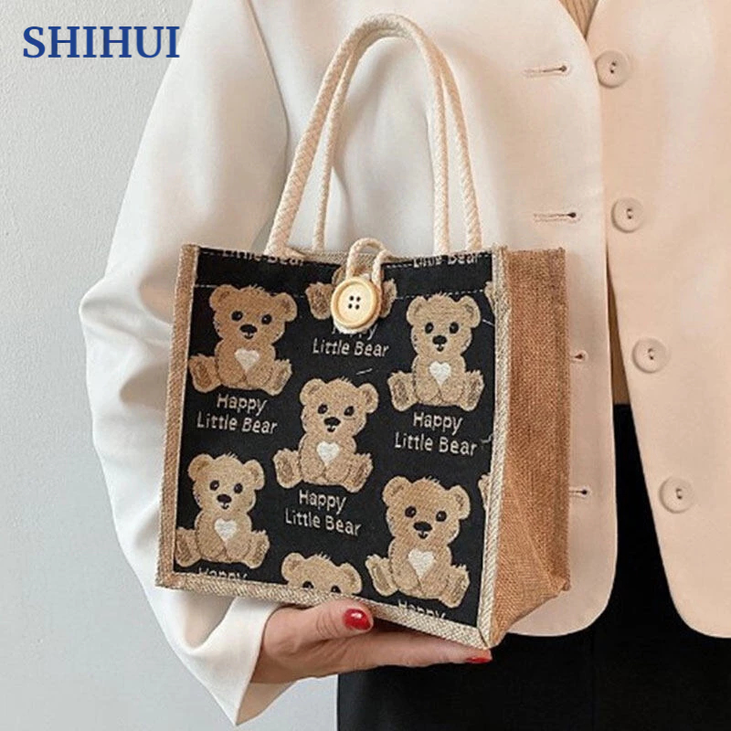 SHIHUI Túi tote Đeo Vai Vải Lanh Nhỏ Hình Gấu Nhỏ Thời Trang Nhật Bản Cho Nữ moc khoa cute rẻ