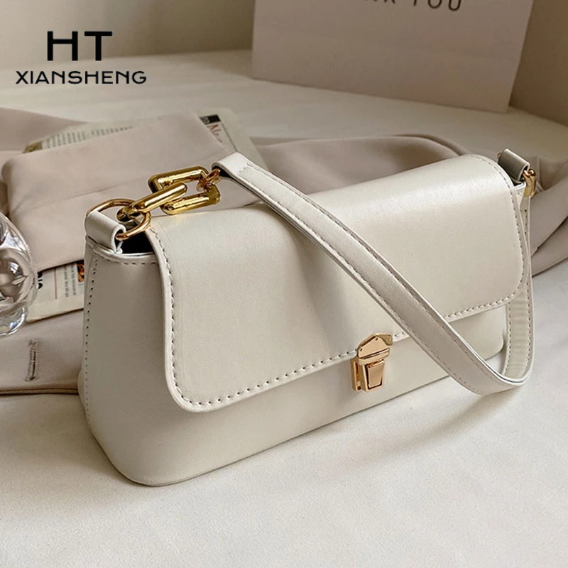 HT XIANSHENG Túi Xách Da PU Màu Trơn Phong Cách retro Pháp Thời Trang Cho Nữ