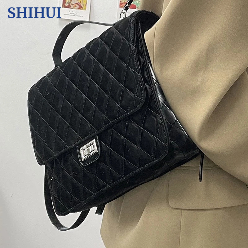 SHIHUI Túi tote Hình Vuông Sức Chứa Lớn Họa Tiết Kim Cương Đen Thời Trang Thu Đông Cho Nữ