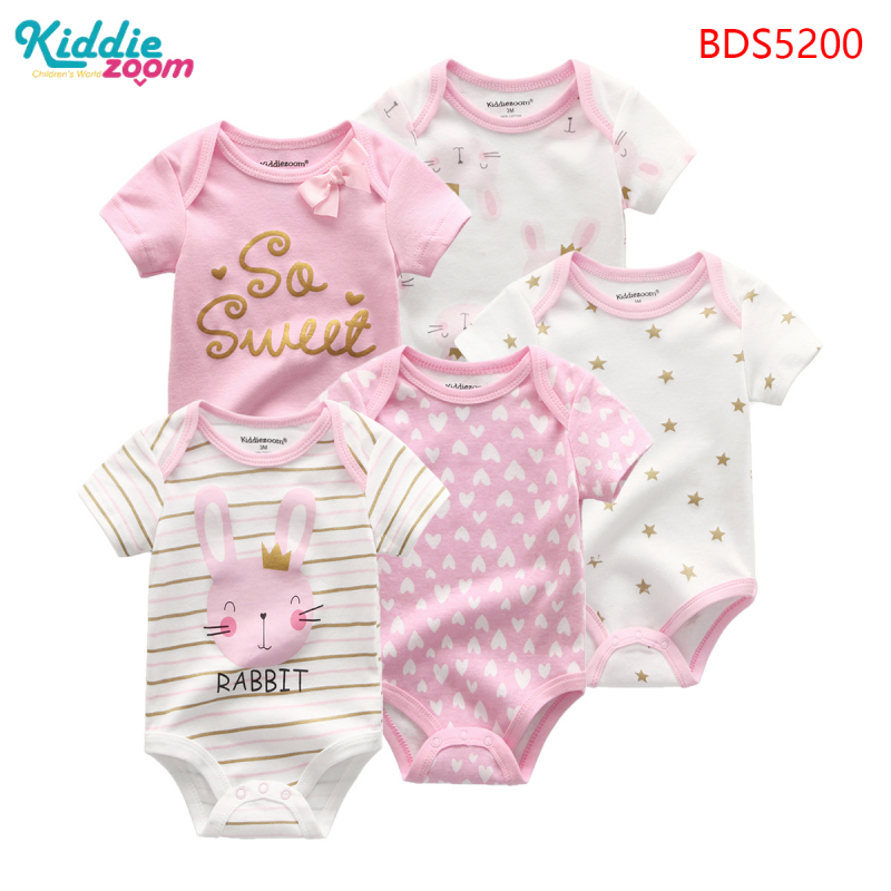 Set 5 món áo liền quần tay ngắn chất cotton thoải mái đáng yêu dành cho bé 0-12 tháng tuổi