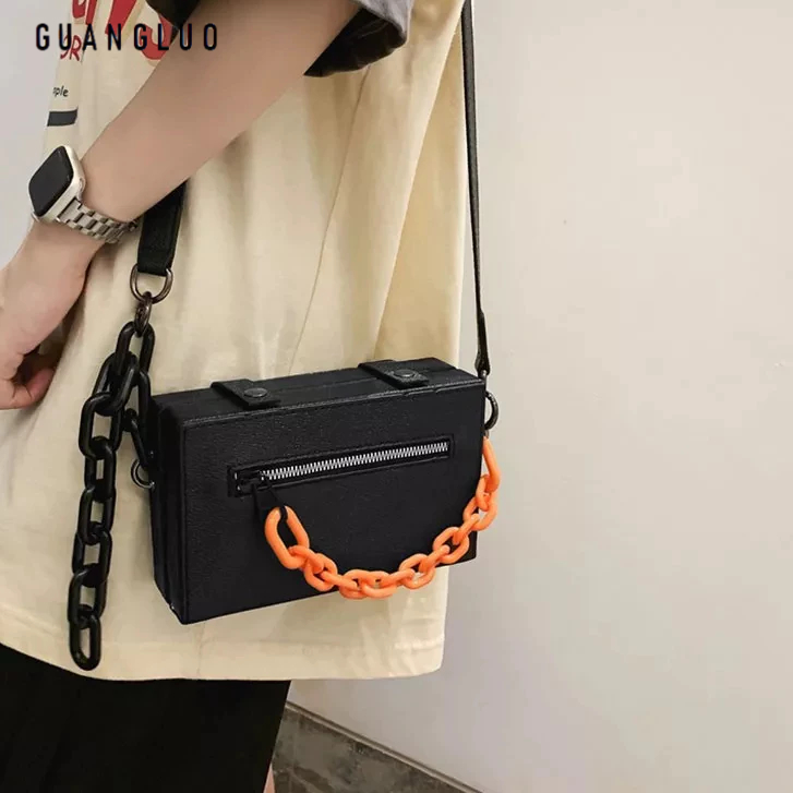 Túi đeo chéo GUANGLUO hình vuông nhỏ phối chuỗi xích thời trang cá tính cho nam