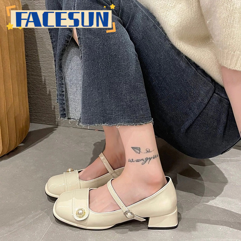 Facesun Giày Cao Gót Da Mũi Vuông Phong Cách Pháp Thời Trang Xuân Thu Cho Nữ