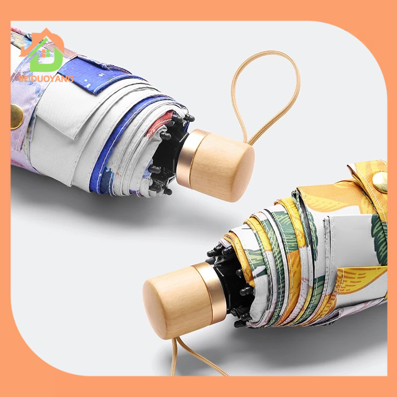 BEIDUOYANG Dù Che Nắng Hai Lớp Tay Cầm Bằng Gỗ Chất Lượng Cao In Họa Tiết