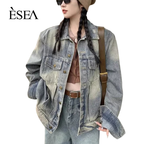 Esea Áo Khoác denim Dáng Rộng Phong Cách hong kong Thời Trang Thường Ngày Cho Cả Nam Và Nữ