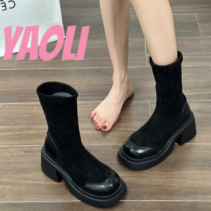 YAOLI Bốt đế dày ống co giãn thời trang cá tính cho nữ