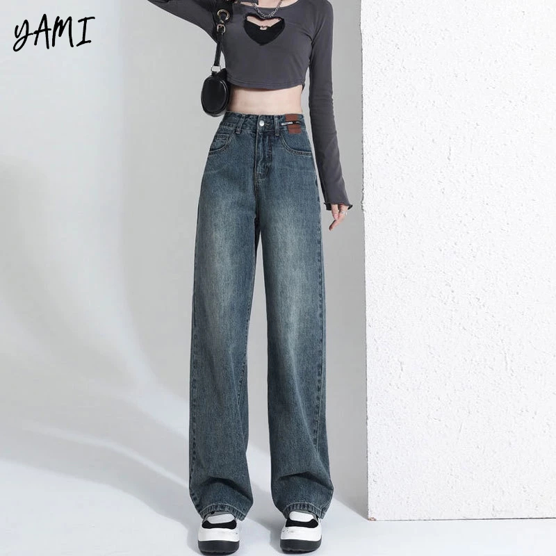Quần jeans Da Lưng Cao Ống Rộng Phong Cách Hàn Quốc Cho Nữ