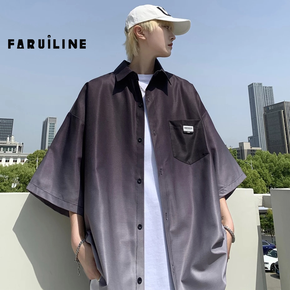 Áo Sơ Mi Tay Ngắn Màu gradient Thời Trang Cho Nam Áo sơ mi ngắn tay Gradient Áo sơ mi nam rộng rãi Áo khoác Mỹ