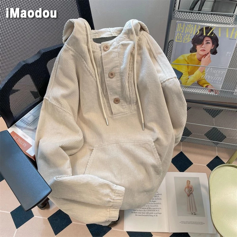 IMAODOU Áo Khoác Hoodie Vải Nhung Kẻ Dáng Rộng Cỡ Lớn 300 pounds Phong Cách Nhật Bản Thời Trang Thu Đông Cho Nữ