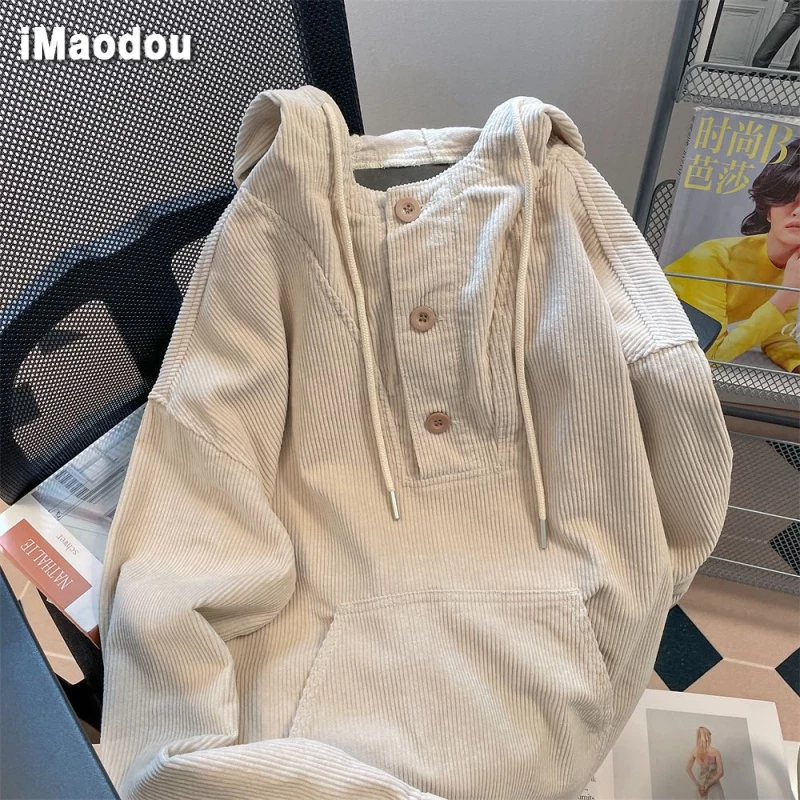 IMAODOU Áo Khoác Hoodie Vải Nhung Kẻ Dáng Rộng Cỡ Lớn 300 pounds Phong Cách Nhật Bản Thời Trang Thu Đông Cho Nữ