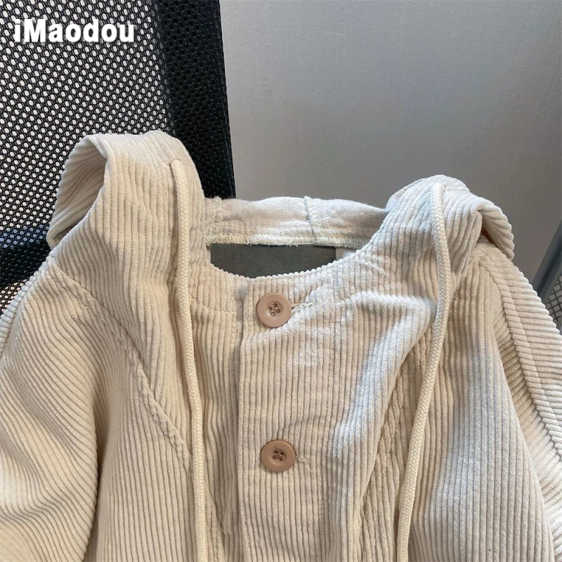 IMAODOU Áo Khoác Hoodie Vải Nhung Kẻ Dáng Rộng Cỡ Lớn 300 pounds Phong Cách Nhật Bản Thời Trang Thu Đông Cho Nữ