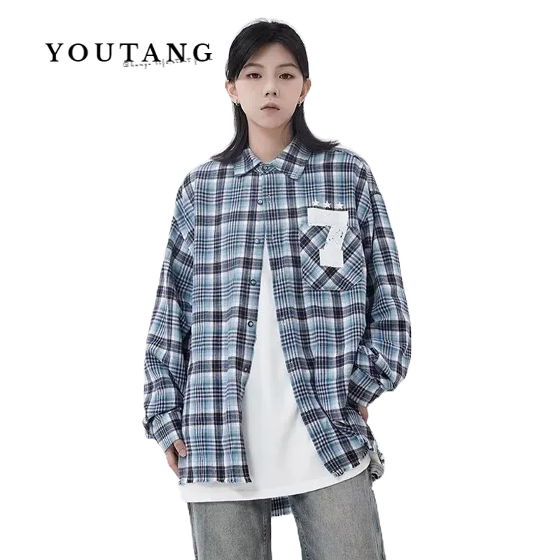 Áo Sơ Mi Tay Dài Dáng Rộng Sọc Ca Rô In Chữ Kiểu Retro Mỹ Cá Tính