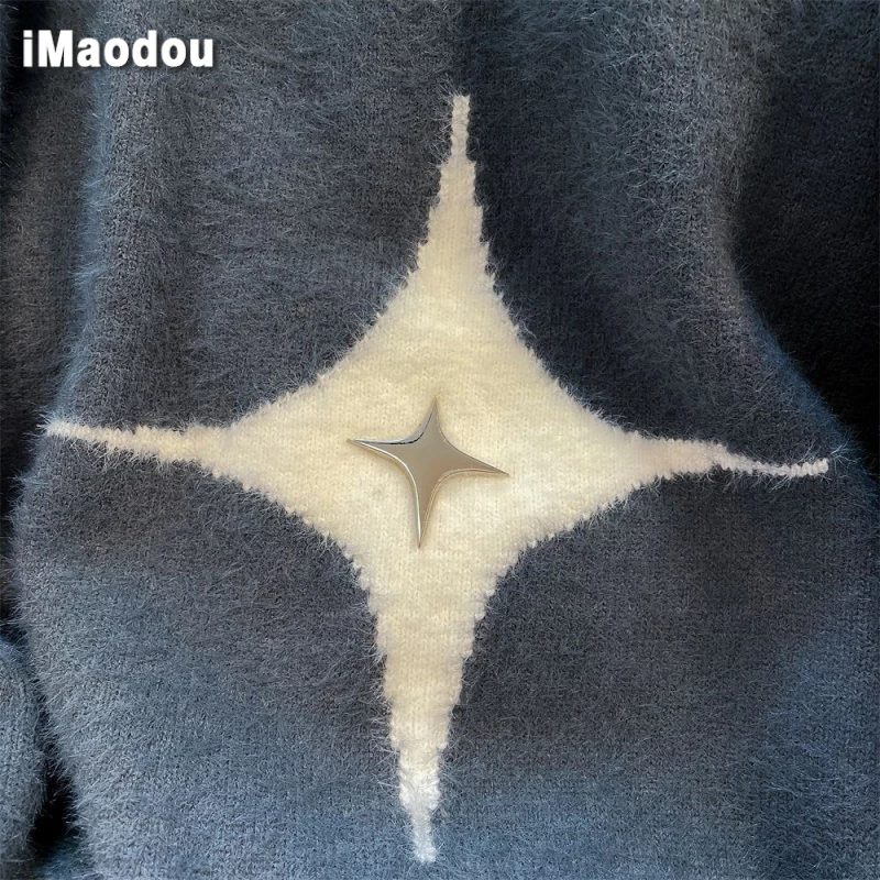 IMaodou Áo Khoác Dệt Kim Hở Vai Phối Khóa Kéo Họa Tiết Ngôi Sao Màu Sắc Tương Phản Kiểu retro Mỹ Thời Trang Thu Đông Cho Nam Và Nữ