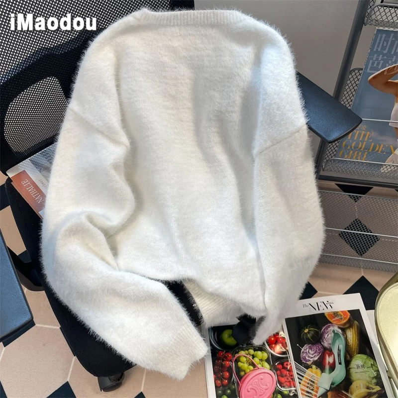 IMaodou Áo Khoác Dệt Kim Hở Vai Phối Khóa Kéo Họa Tiết Ngôi Sao Màu Sắc Tương Phản Kiểu retro Mỹ Thời Trang Thu Đông Cho Nam Và Nữ