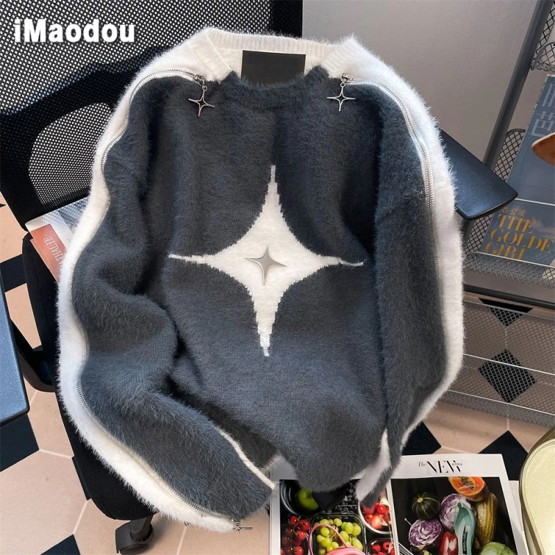 IMaodou Áo Khoác Dệt Kim Hở Vai Phối Khóa Kéo Họa Tiết Ngôi Sao Màu Sắc Tương Phản Kiểu retro Mỹ Thời Trang Thu Đông Cho Nam Và Nữ